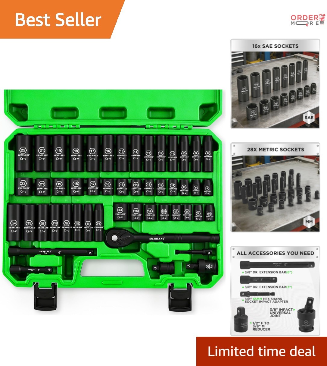 Impact Socket Set 50-Piece Chrome Vanadium SAE Metric 6-Point 3/8 Inch Drive