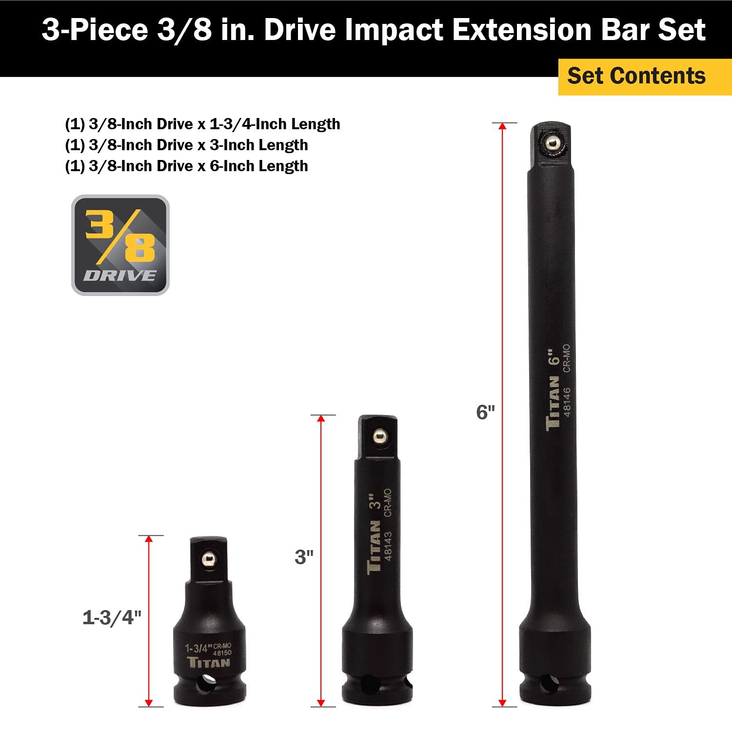 Titan Tools 3 pc. 3/8 in. Drive Impact Extension Bar Set (48140)
