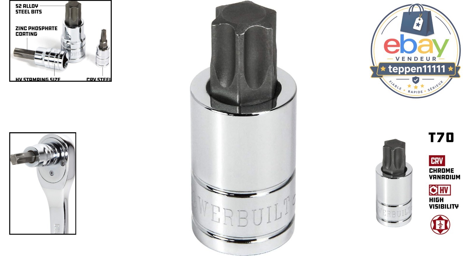 T-70 Star Bit Socket 1/2 Inch Drive Torx High Visibility Size Marking