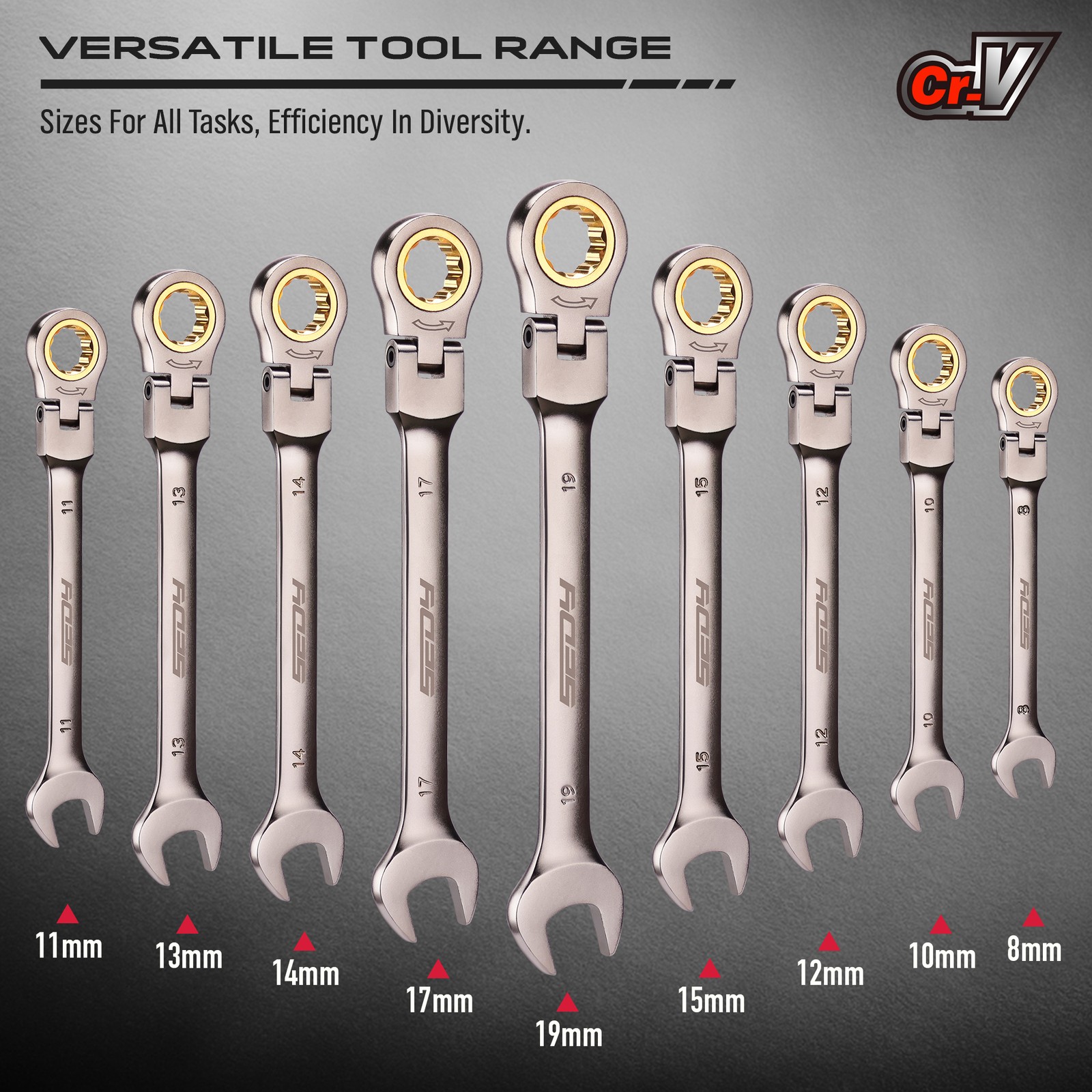 9PC Flexible Ratchet Spanner Wrench Set Metric 8-19mm With Storage Rack