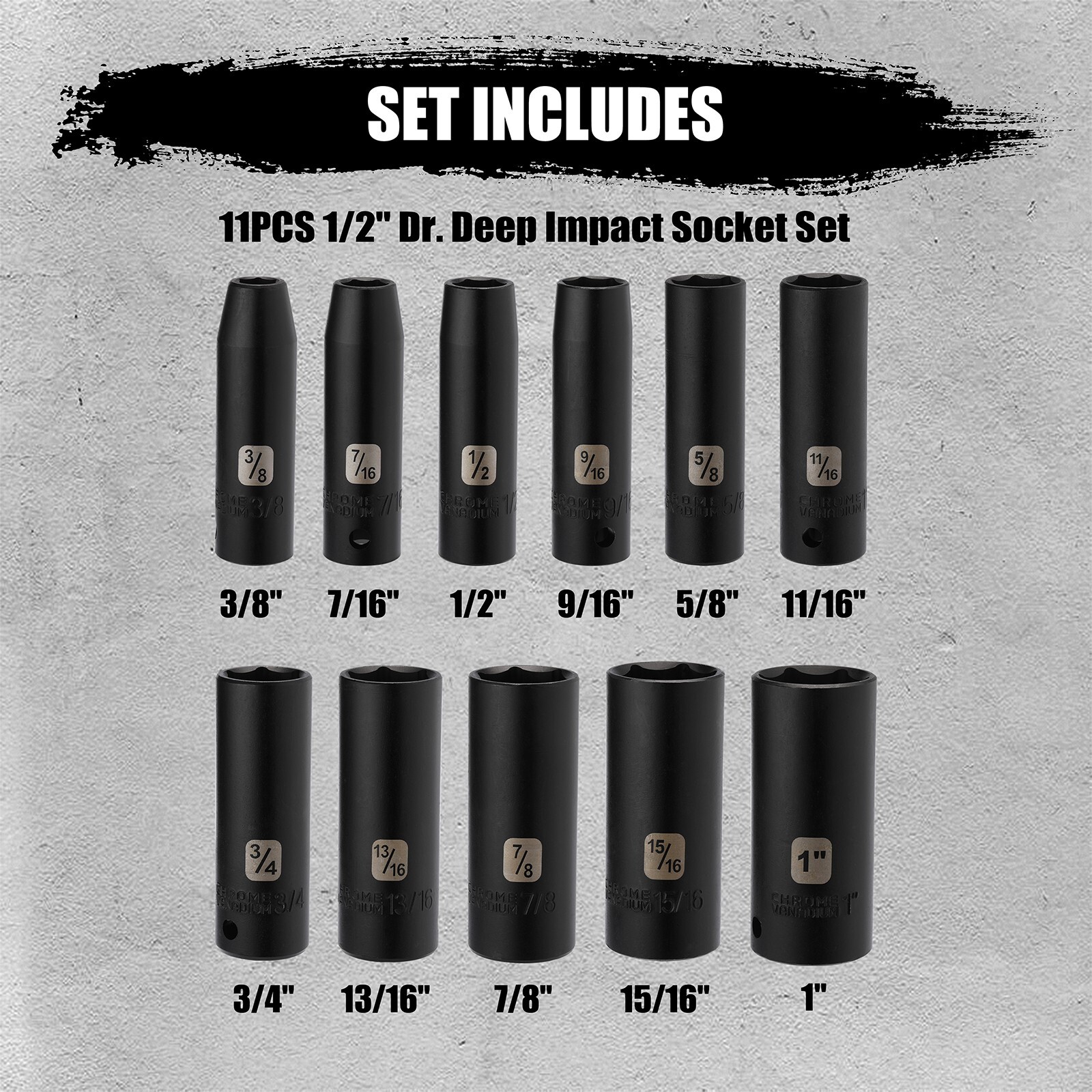 11 Pieces 1/2-Inch Drive Deep SAE Impact Socket Set, 6-Point, 3/8-Inch to 1-Inch