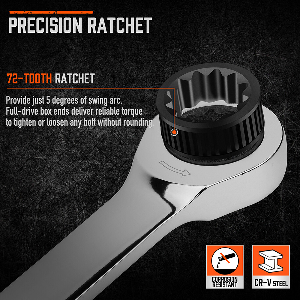 10-Piece Ratcheting Double Box Metric Wrench Gearbox 72 Tooth Extra Long