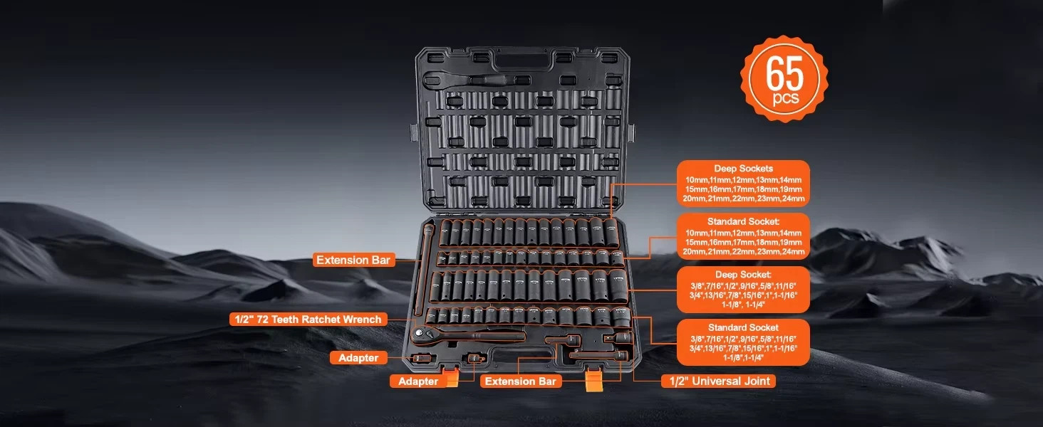 Drive Impact 1/2″ Socket Set 6 Point CR-V Steel Auto Repair Heavy Duty 65 Pcs
