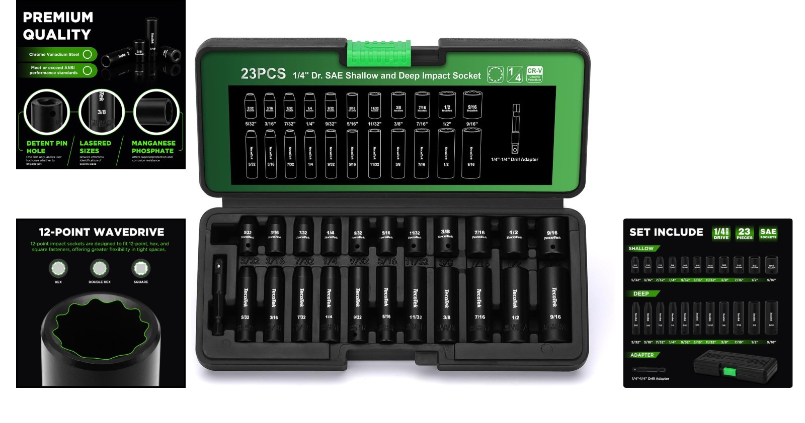 23-Piece Chrome Vanadium Impact Socket Set, 1/4-Inch Drive with Drill Adapter