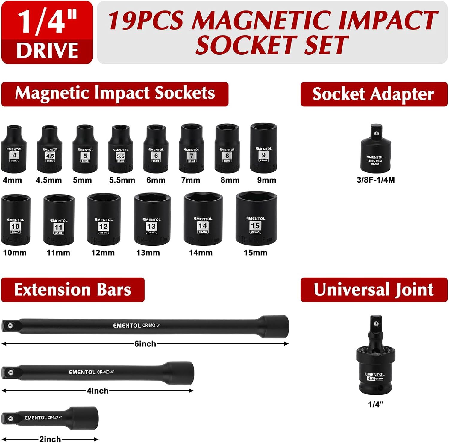 19PCS 1/4 » Drive Magnetic Impact Socket Set 4-15mm 6 Point Shallow Cr-Mo