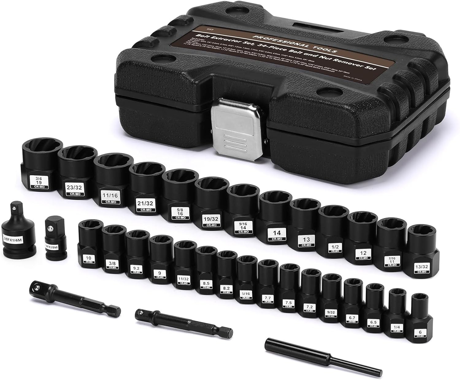 34-Piece 1/4″&3/8″ Drive CR-MO Bolt Extractor Set for Damaged Rusted Bolts Nuts