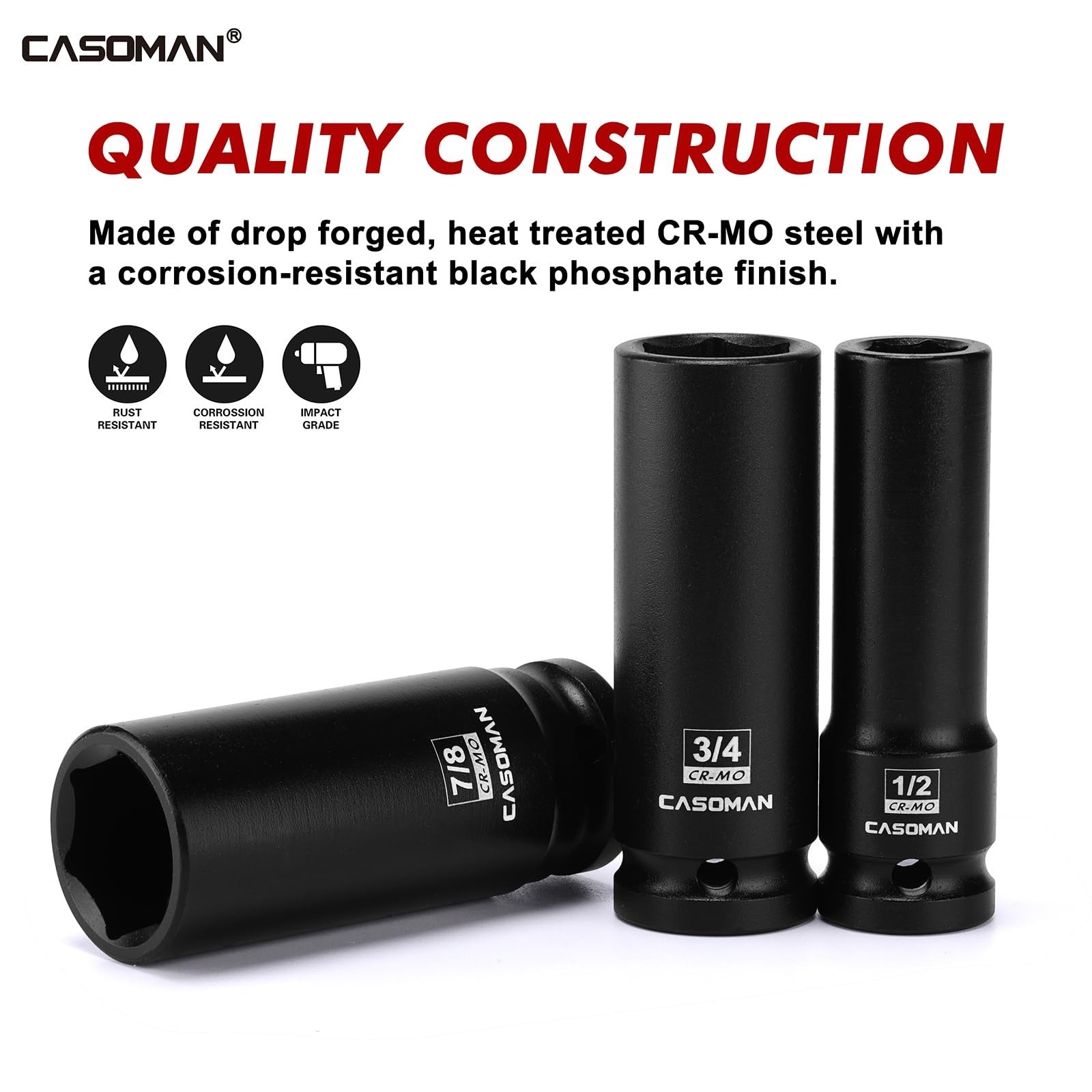 14PCS 1/2″ Drive Deep Impact Socket Set, SAE 6-Point, CR-MO, Auto Repair, Mechan