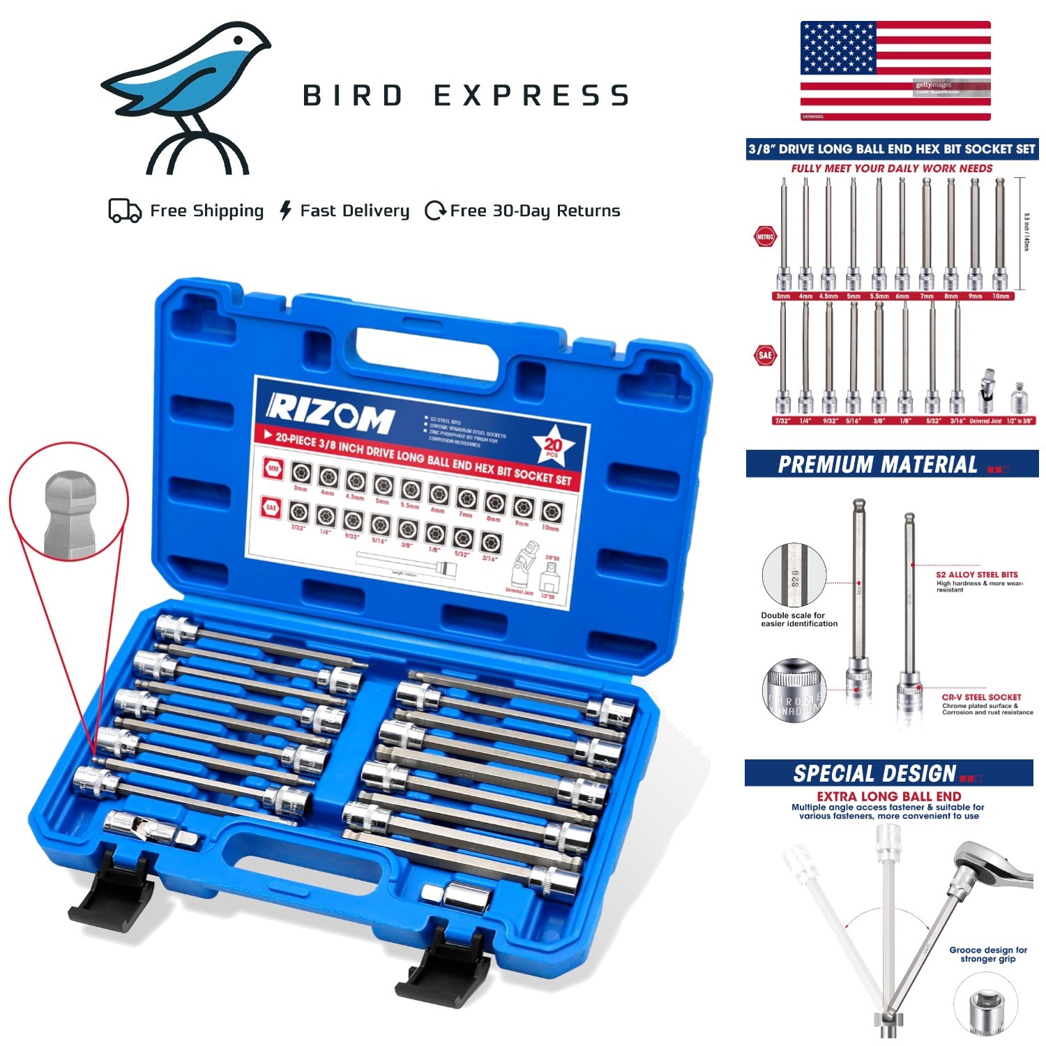 20-Piece Long Ball End Hex Bit Socket Set SAE & Metric 3/8 Inch Drive