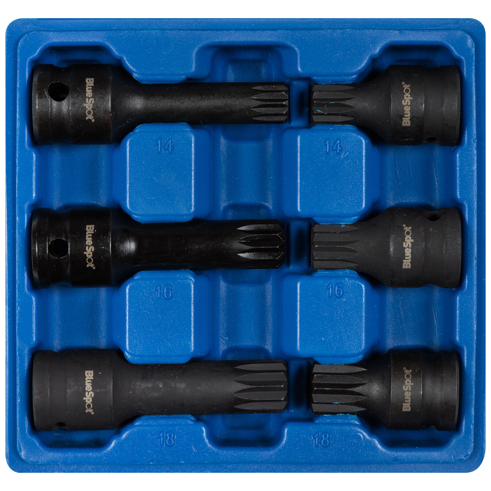BlueSpot Impact Spline Socket Set 6pc 1/2″ Drive M14-M18 43mm 78mm Long in Case