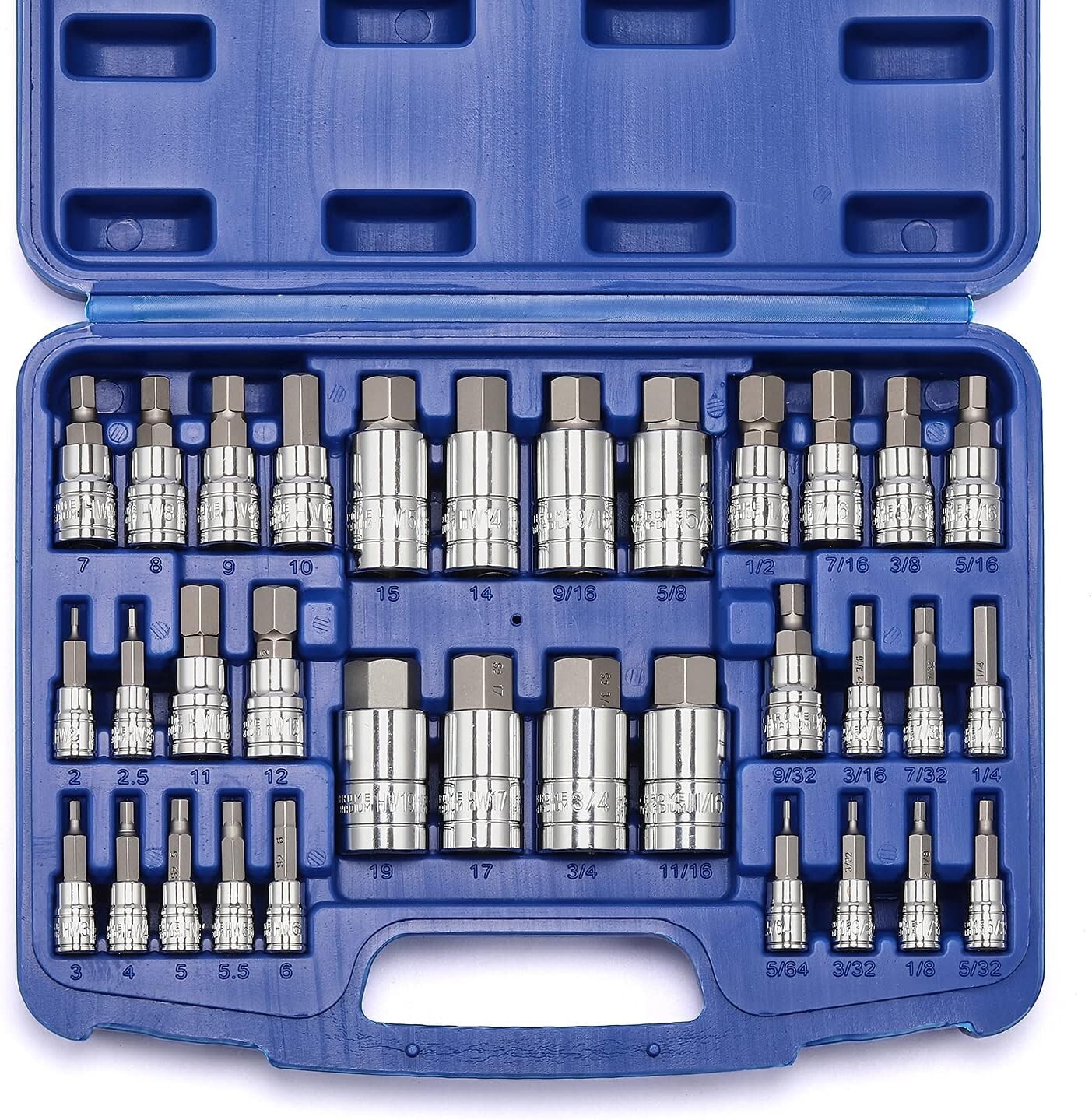 33-Piece S2 Steel Hex Bit Socket Set with Mirror Chrome Finish – SAE & Metric
