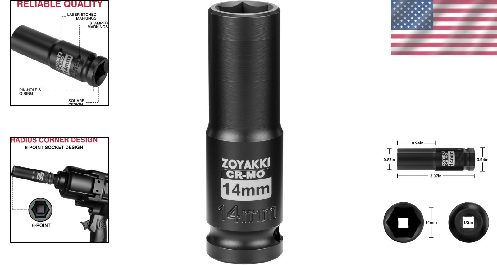 Versatile 14mm 6 Point Impact Socket – 1/2″ Drive, Ideal for Auto Repairs