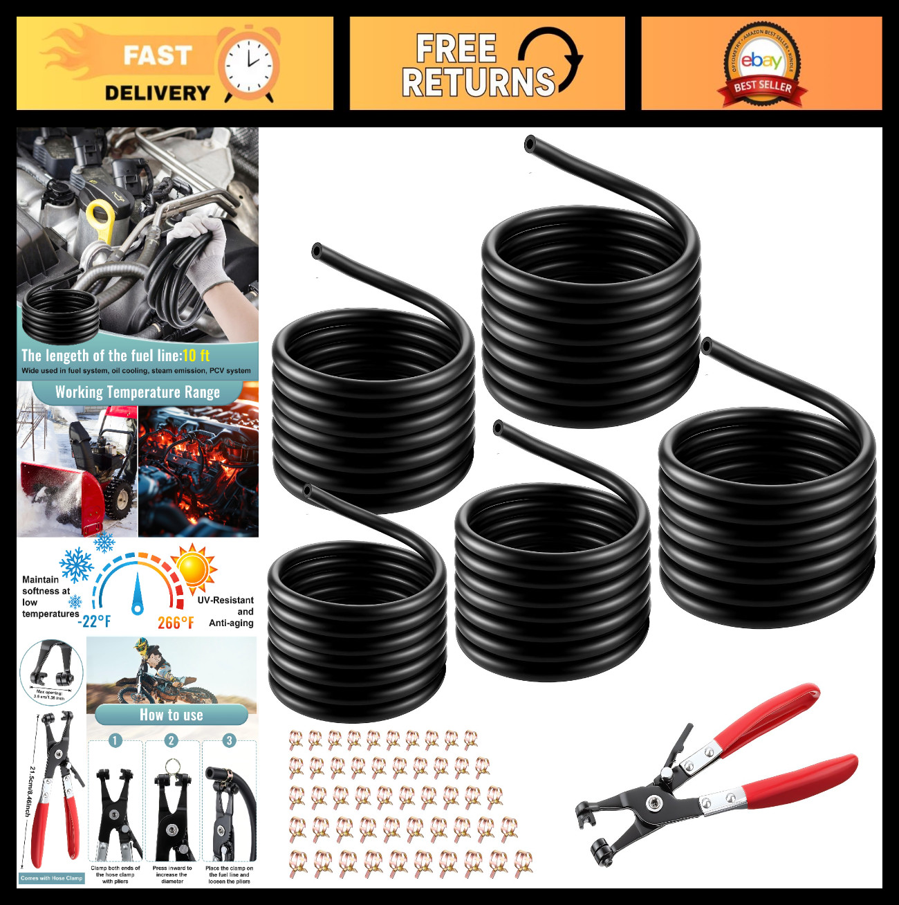 10 Ft Fuel Line Set – 5 Sizes 1/8″ to 5/16″ ID, Hose Clamp Pliers & 50 Clamps fo