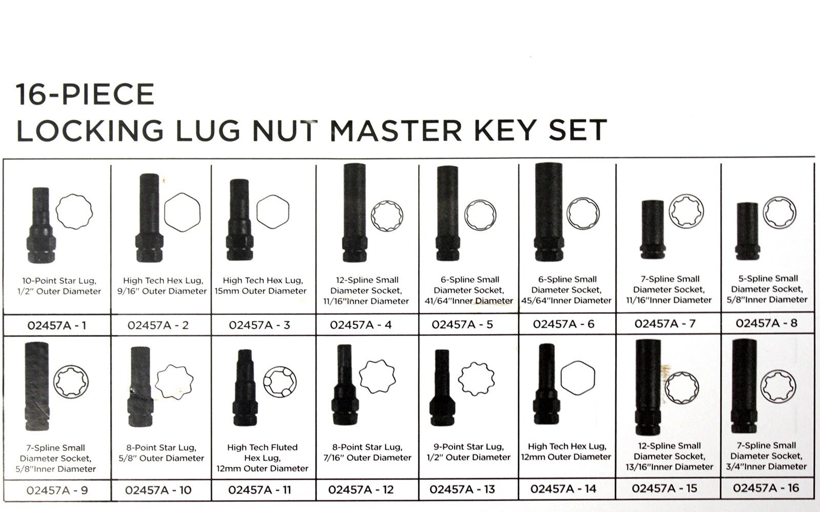 16pc Auto Locking Lug Nut Socket Master Key Set Wheel Hex Star Spline Fluted