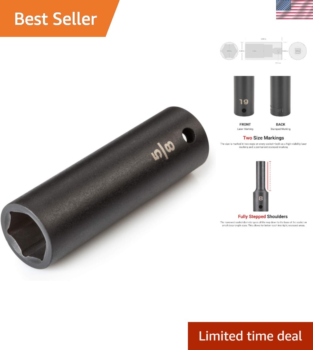 Durable 1/2 Inch Drive Deep Impact Socket 5/8 Inch 6-Point with Manganese Finish