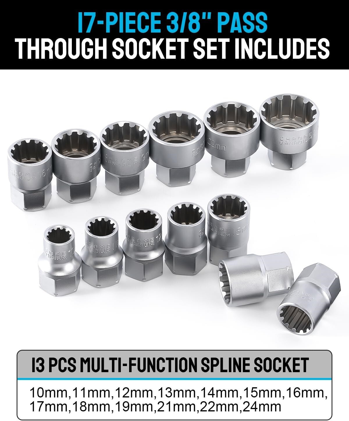 Pass Through Socket Set Go Thru Ratchet Wrench Tool for Hex Square E-Torx Spline