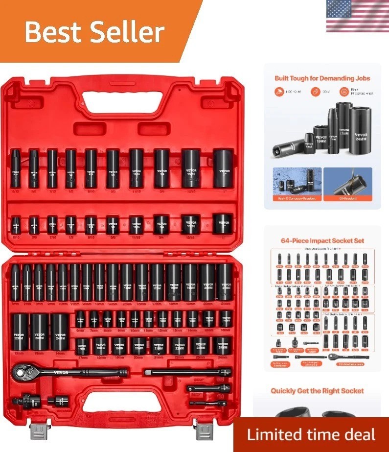Impact Socket Set 3/8″ Drive, 64-Piece Standard SAE 5/16 to 1 inch & Metric 6…