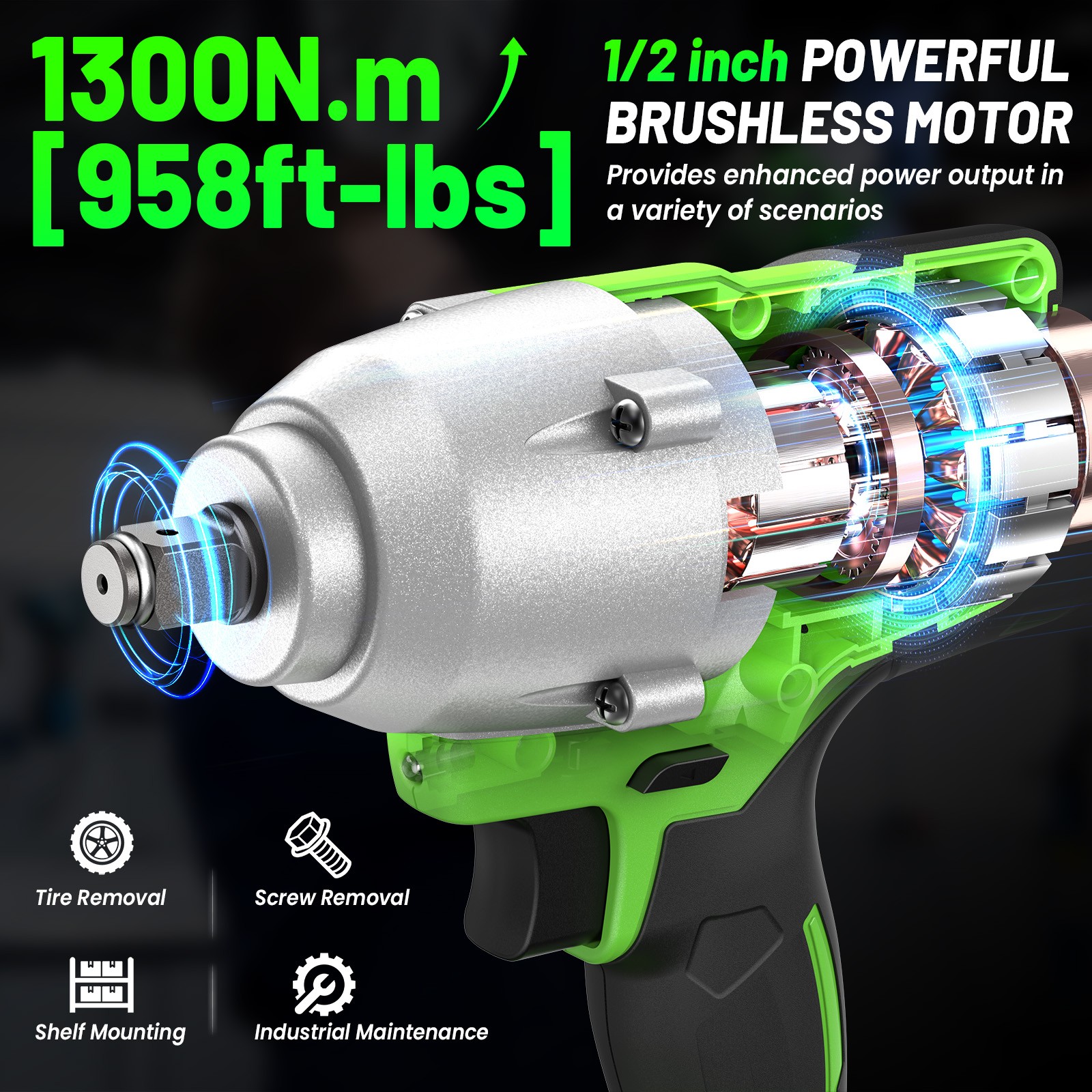 TaskStar 1300N.m (958ft-lbs) 1/2″ Cordless Impact Wrench 2x 4000mah Fast Charge