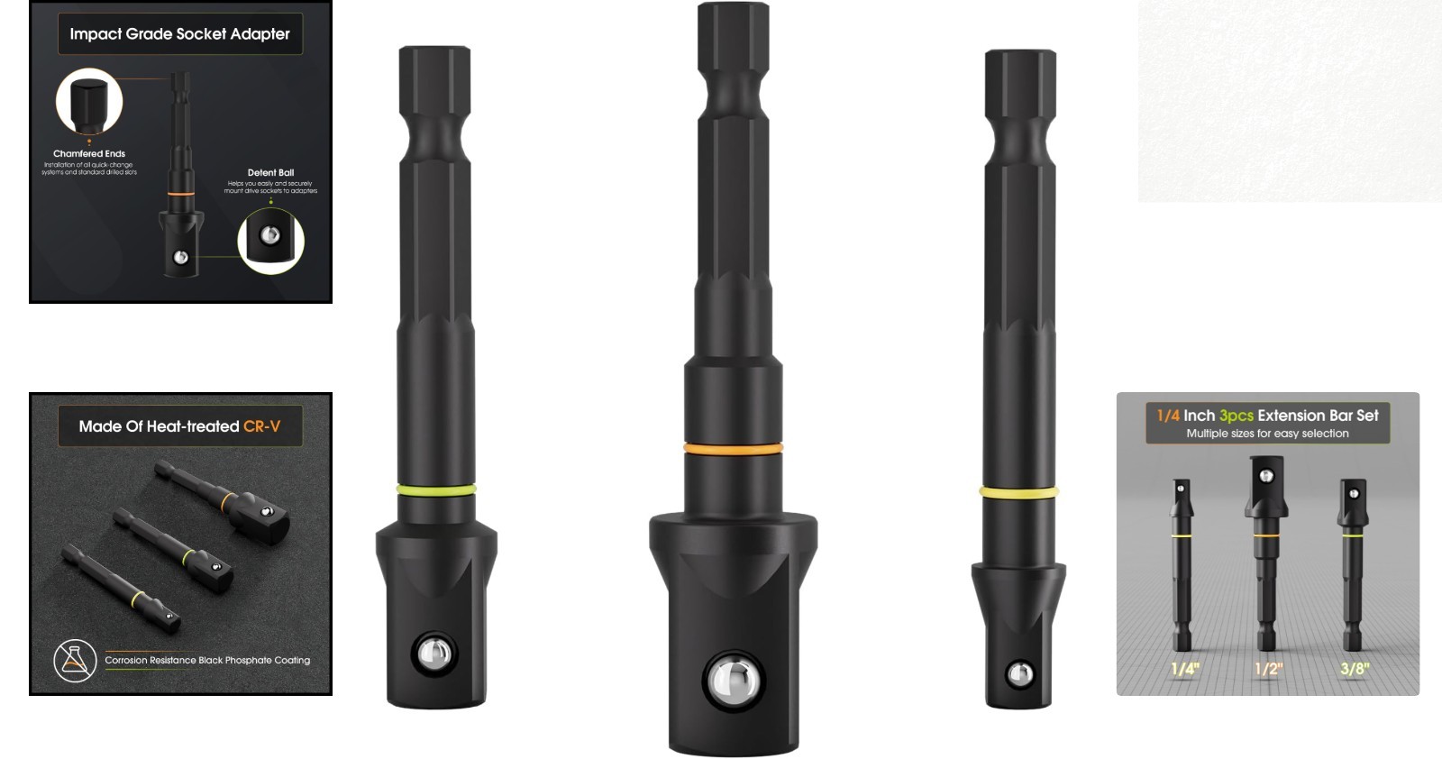 3-Piece Socket Adapter Extension Set, 1/4, 3/8, 1/2-Inch Drive for Power Drill