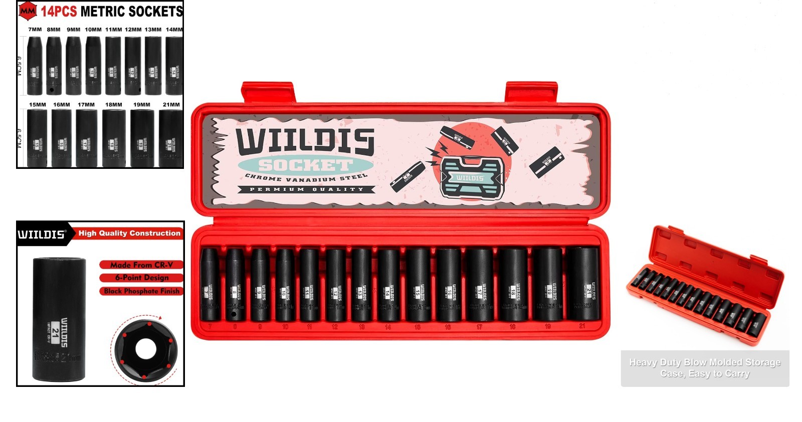 14-Piece 3/8-Inch Drive Impact Socket Set 7-21mm CR-V 6-Point Black Finish