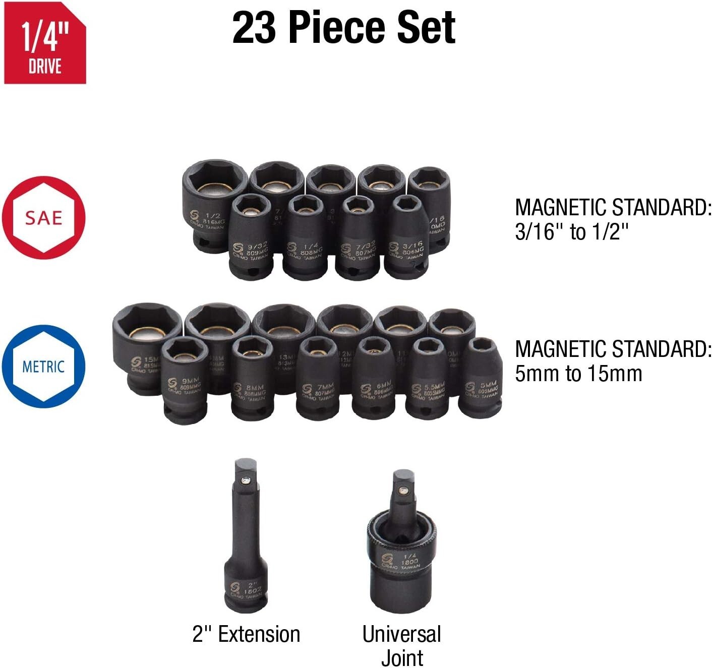 Sunex 1818, 1/4 Inch Drive Master Magnetic Socket Set, 23-Piece, SAE/Metric,