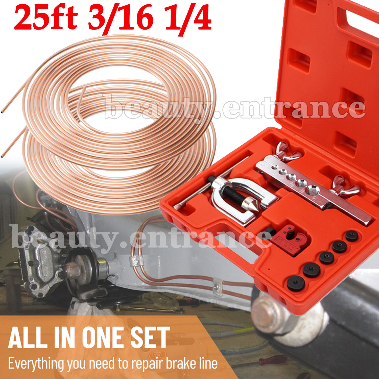 Brake Line Kit 3/16 1/4 25ft Copper Pipe Repair Flaring Tool + 40 Nuts Fittings