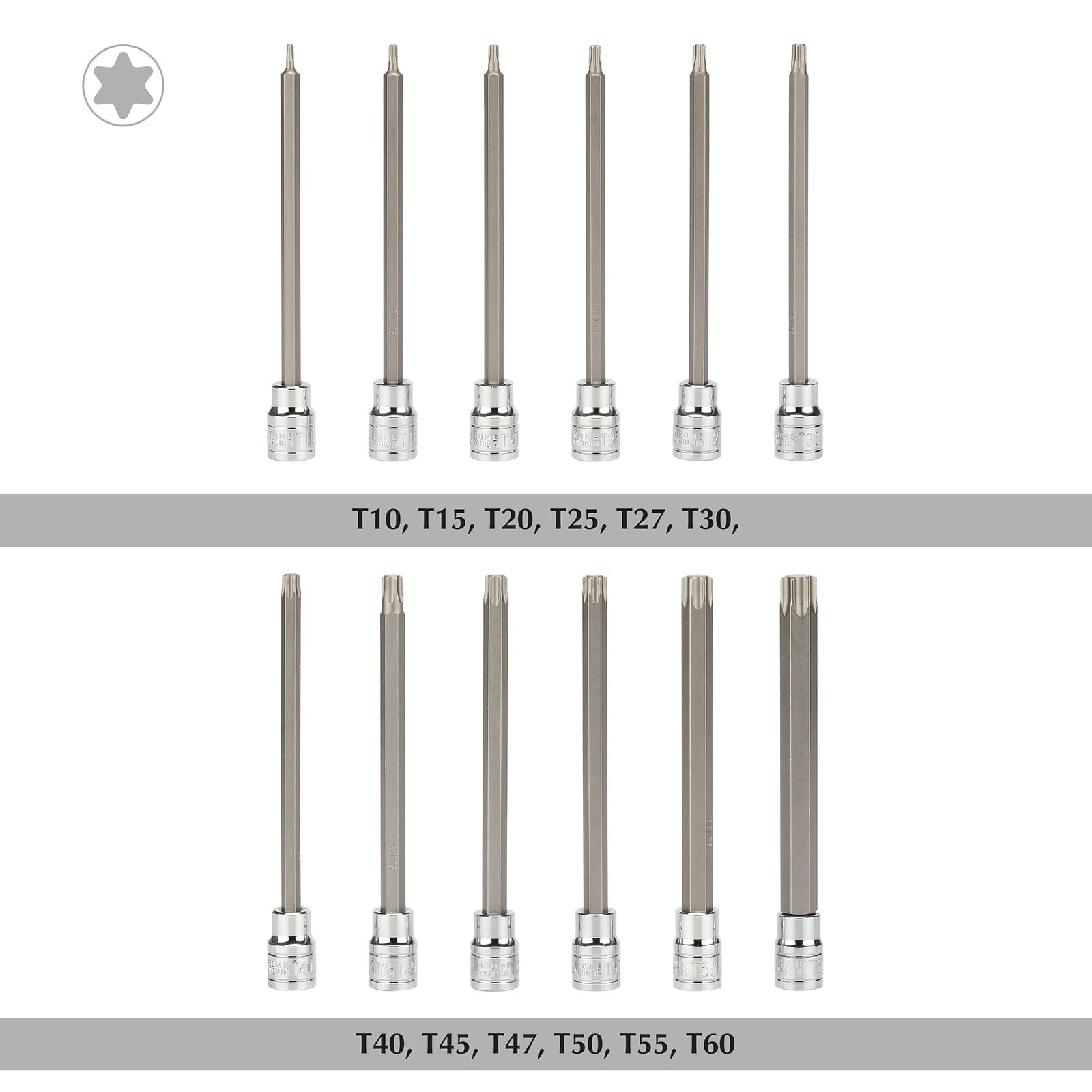 12PCS 3/8″ Drive Extra Long Torx Bit Socket Set, CR-V, S2 Steel, 5.9″ Length