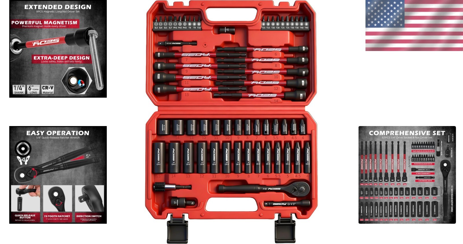Durable 63-Piece Socket Set with Magnetic Drivers for Home and Automotive Use