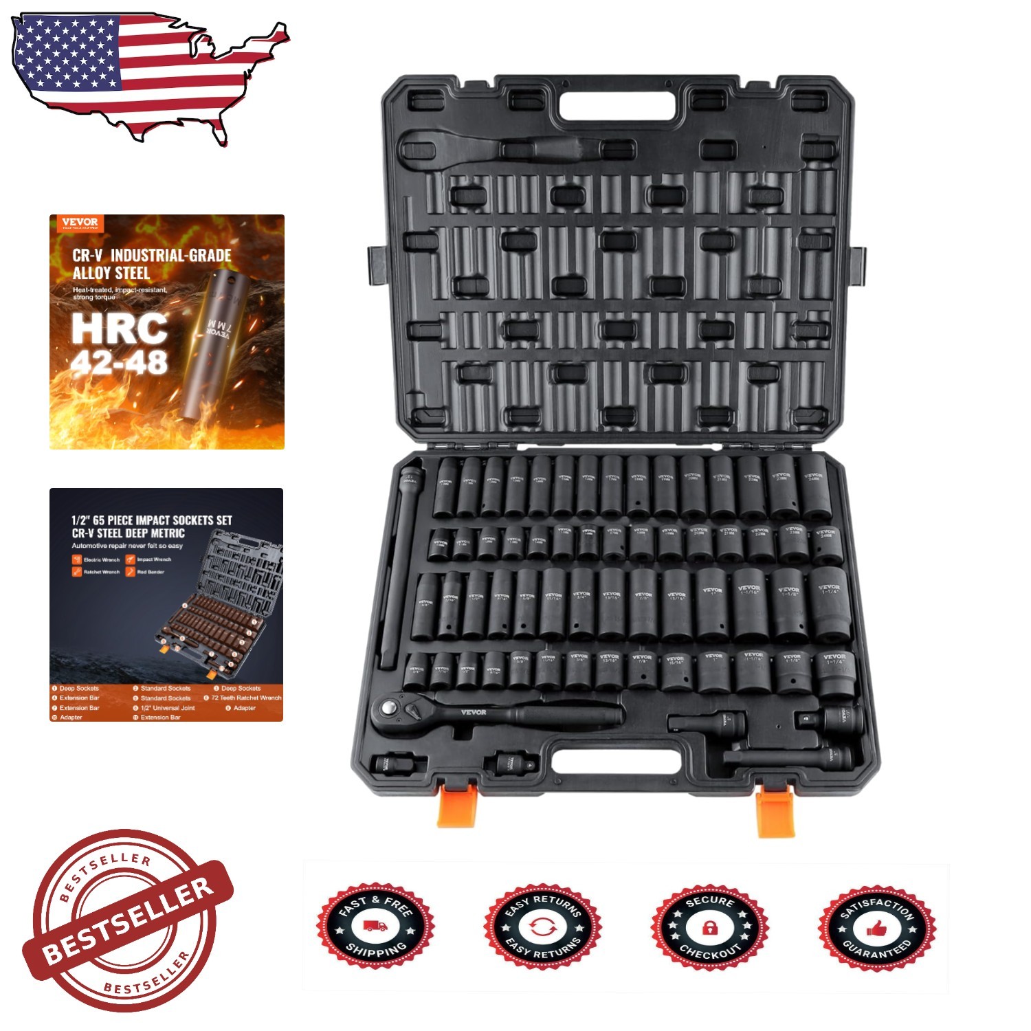 Durable 65pc 1/2″ Cr-V Impact Socket Set – Auto Repair Rugged Construction Case