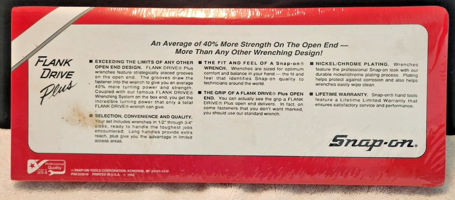 NOS Vintage Snap-on SOEXL705 SAE Flank Drive® Plus Extra Long Wrench Set