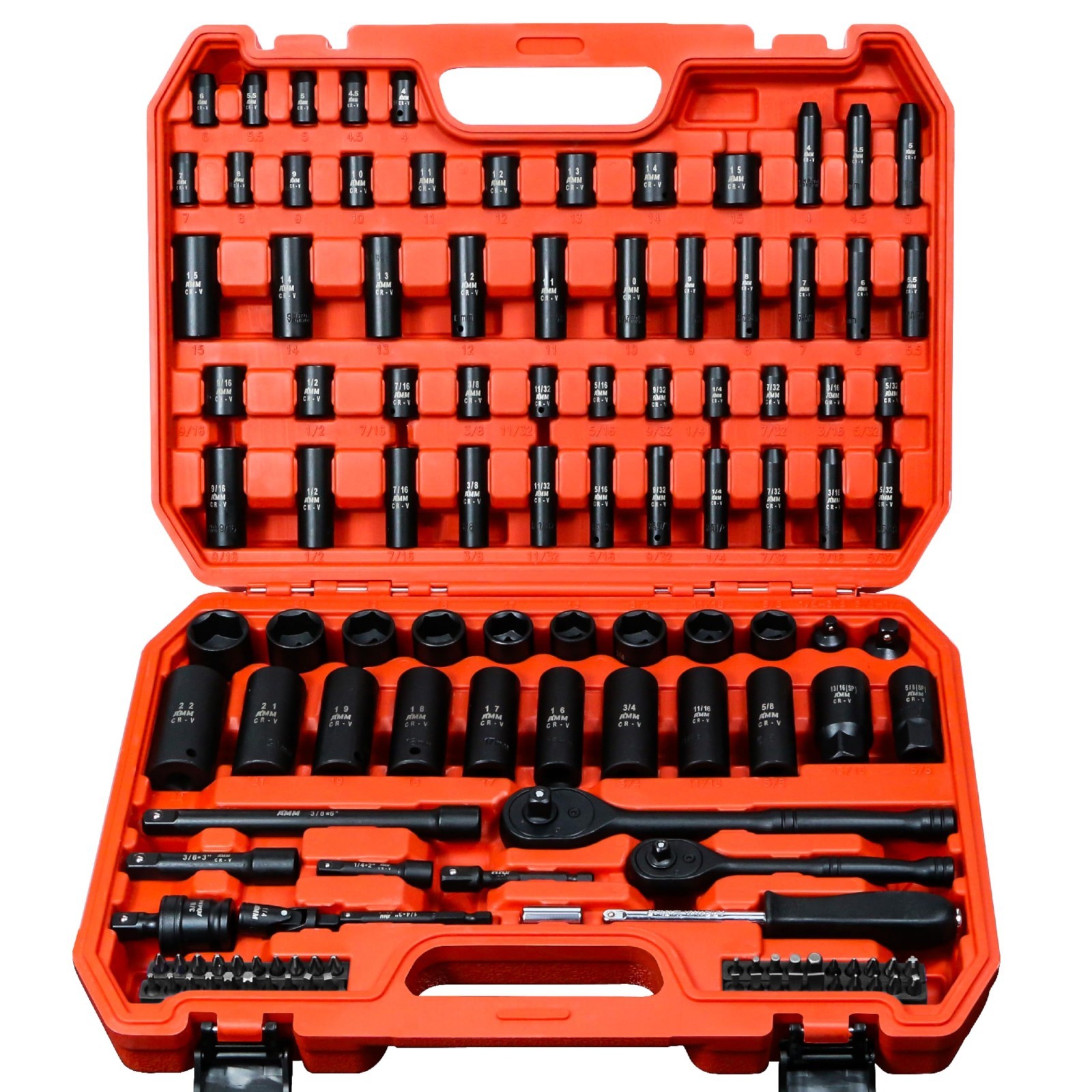 123Pcs Deep & Shallow Socket Set, 1/4” & 3/8” Drive, Metric & Standard, 72T Ratc