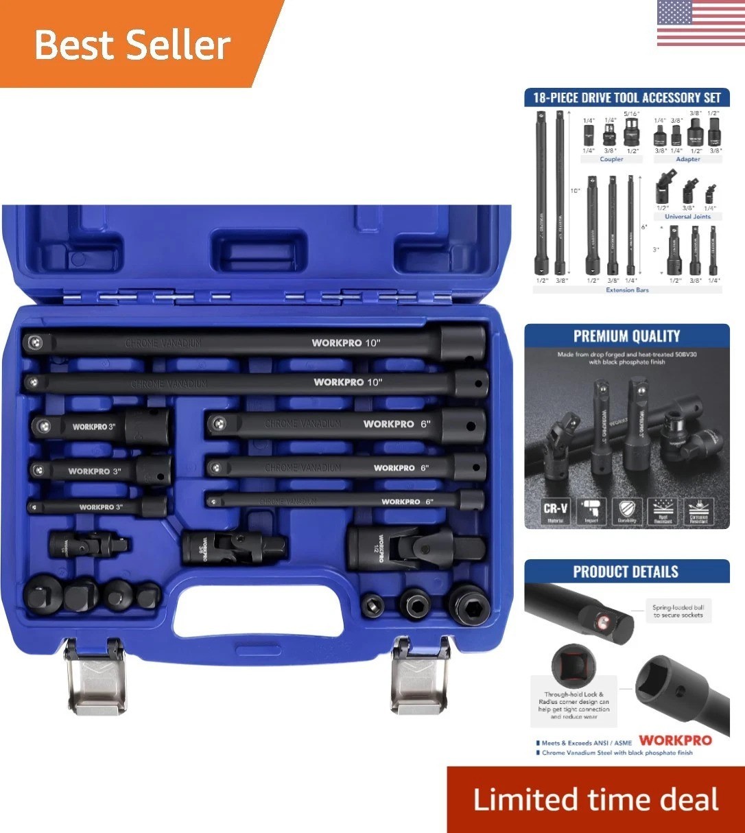 18-Piece Impact Socket Extension Set – Chrome Vanadium Steel Durability