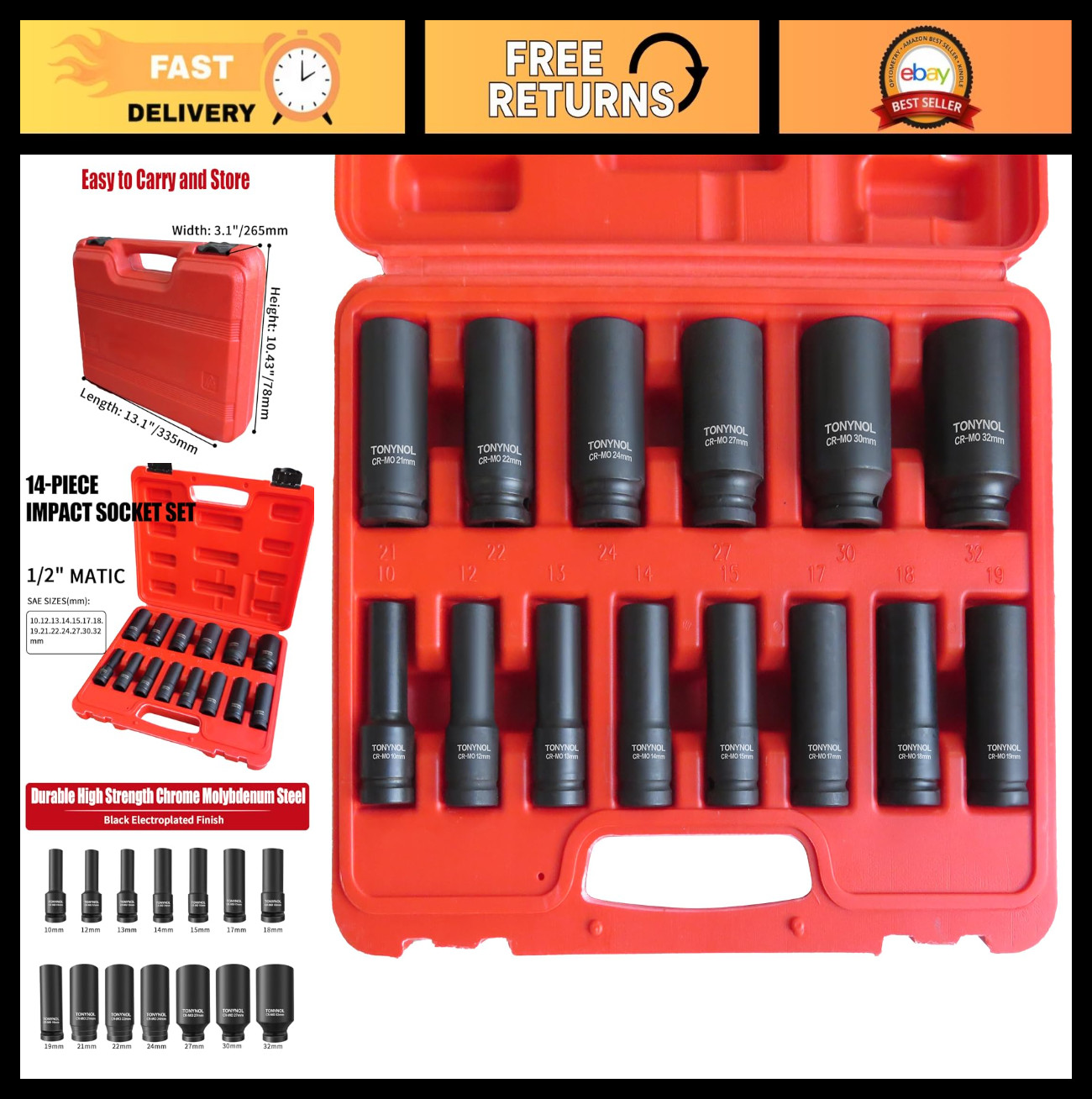 1/2″ Deep Drive Impact Socket Set 14 Pcs, 6-Point Metric (10mm-32mm), Cr-Mo Stee