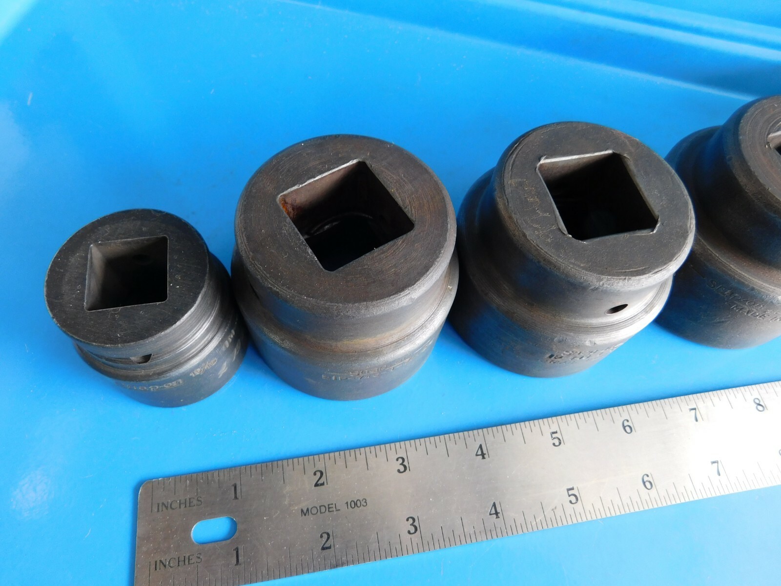 USED, SNAP ON » DOUBLE SQUARE SHORT SOCKETS» 8 PT. LOT OF 6, 3/4 & I INCH DRIVE
