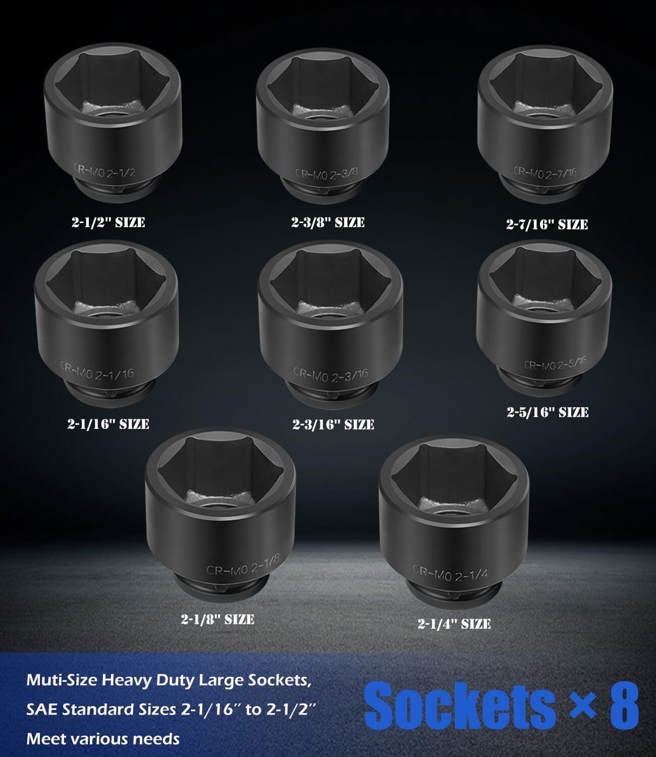 8pc 3/4Inch Drive Jumbo Deep Large Impact Socket Set 6 Point SAE 2-1/16 to 2-1/2
