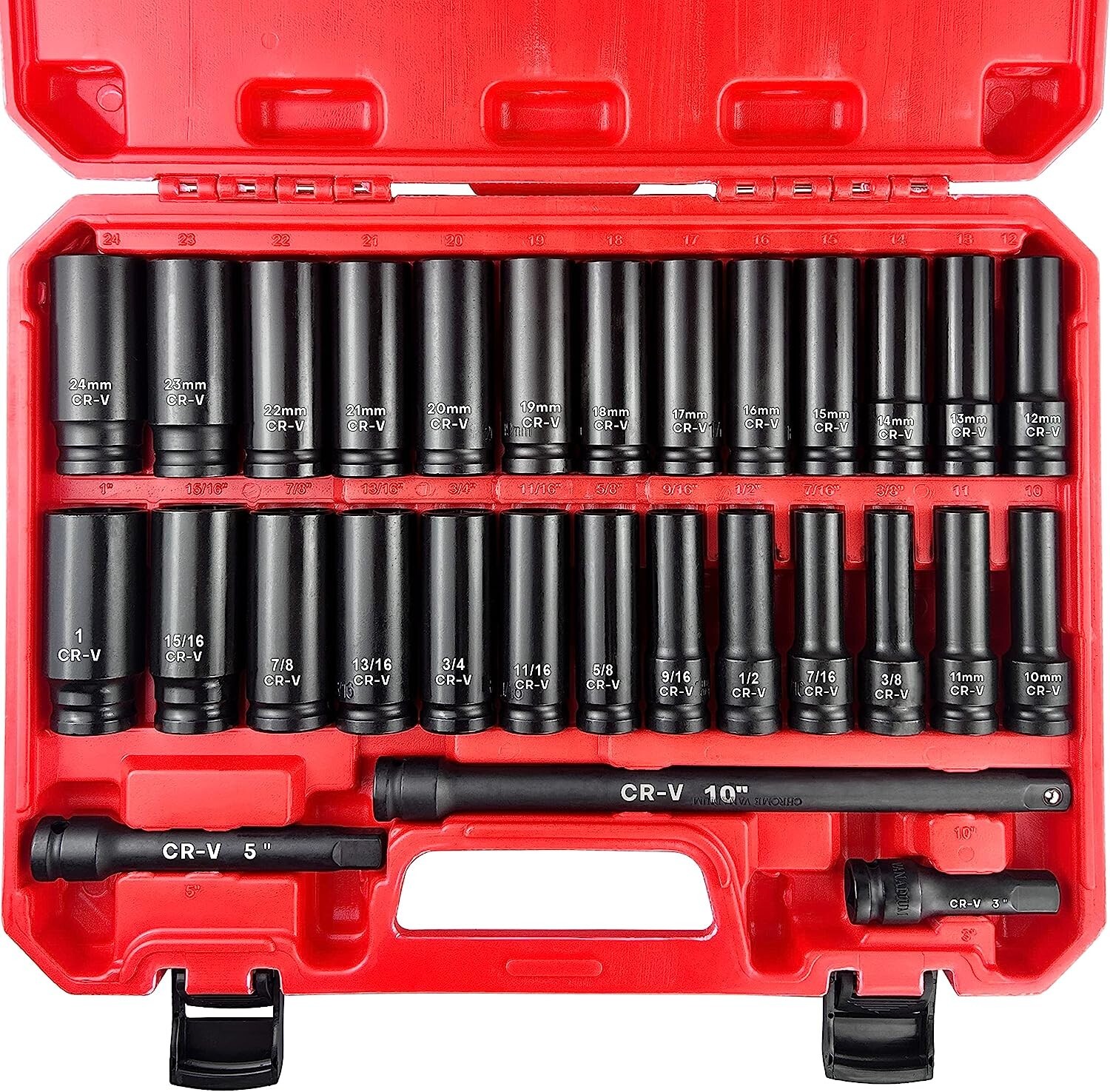 29pcs 1/2″ Socket Set, Drive Deep Impact Socket Set, Including 3 «, 5″, 10»