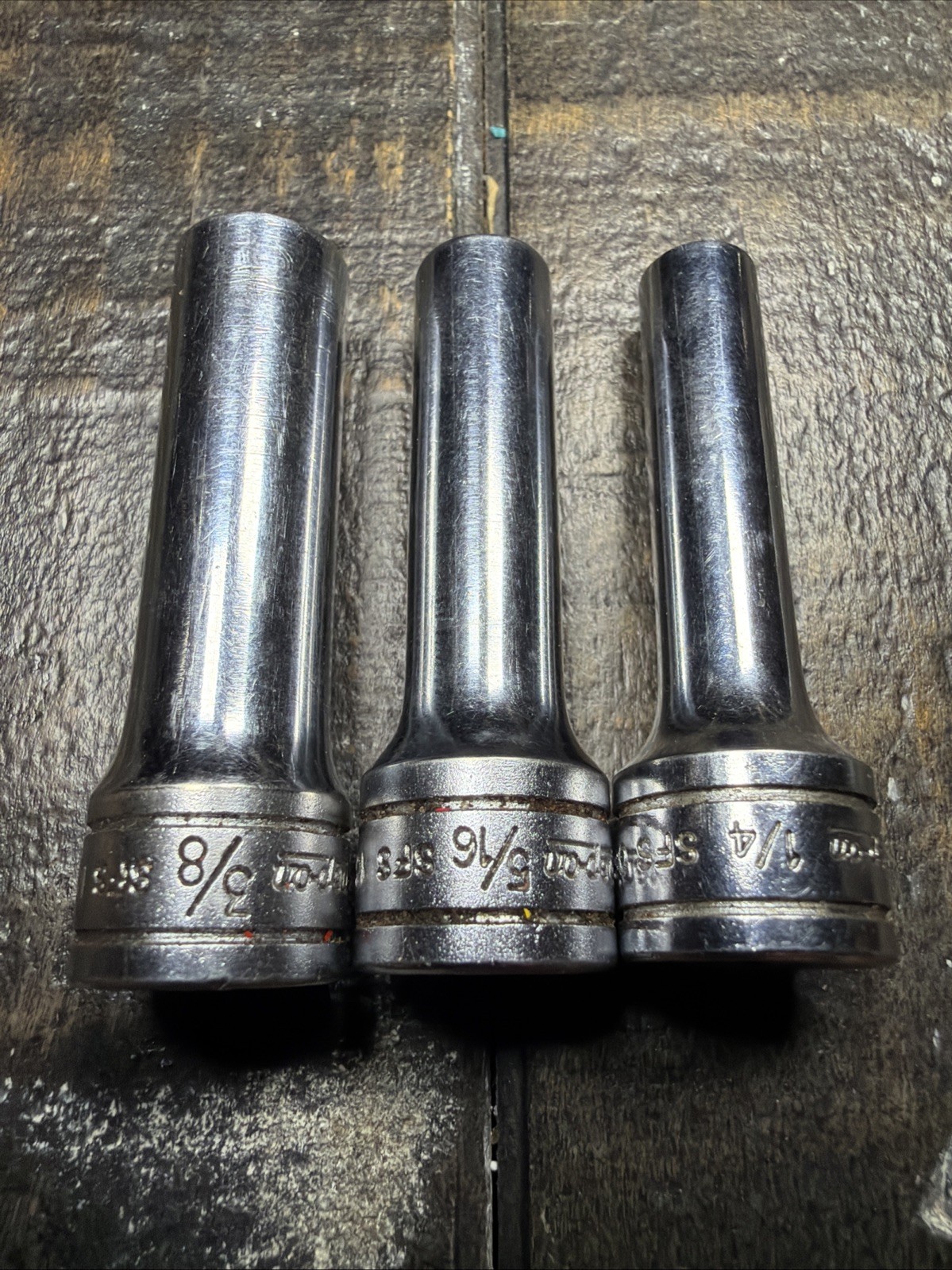 Lot Of 3 Snap On SFS081, SFS101, SFS121, 1/4, 5/16, 3/8″ Deep Socket 3/8″