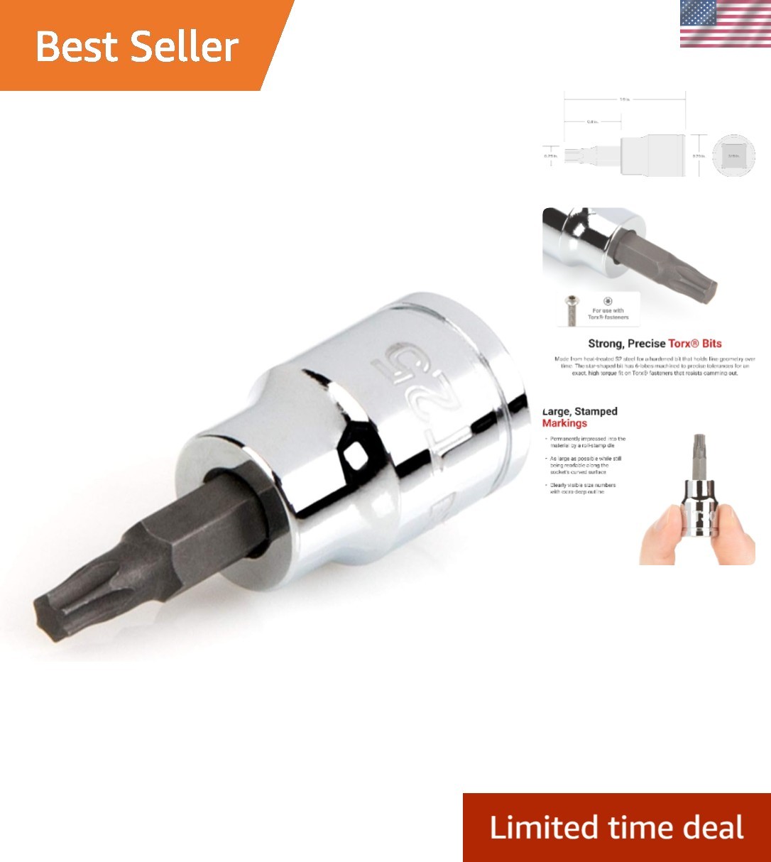 S2 Steel T25 Torx Bit Socket, 3/8 Inch Drive – Easy-Read Die-Stamped Marking