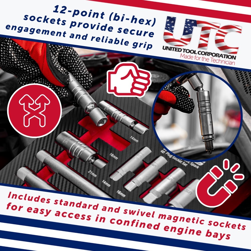 Spark Plug Socket Set 10 Piece Magnetic Swivel 3/8 Drive Thin Wall EVA Tray UK