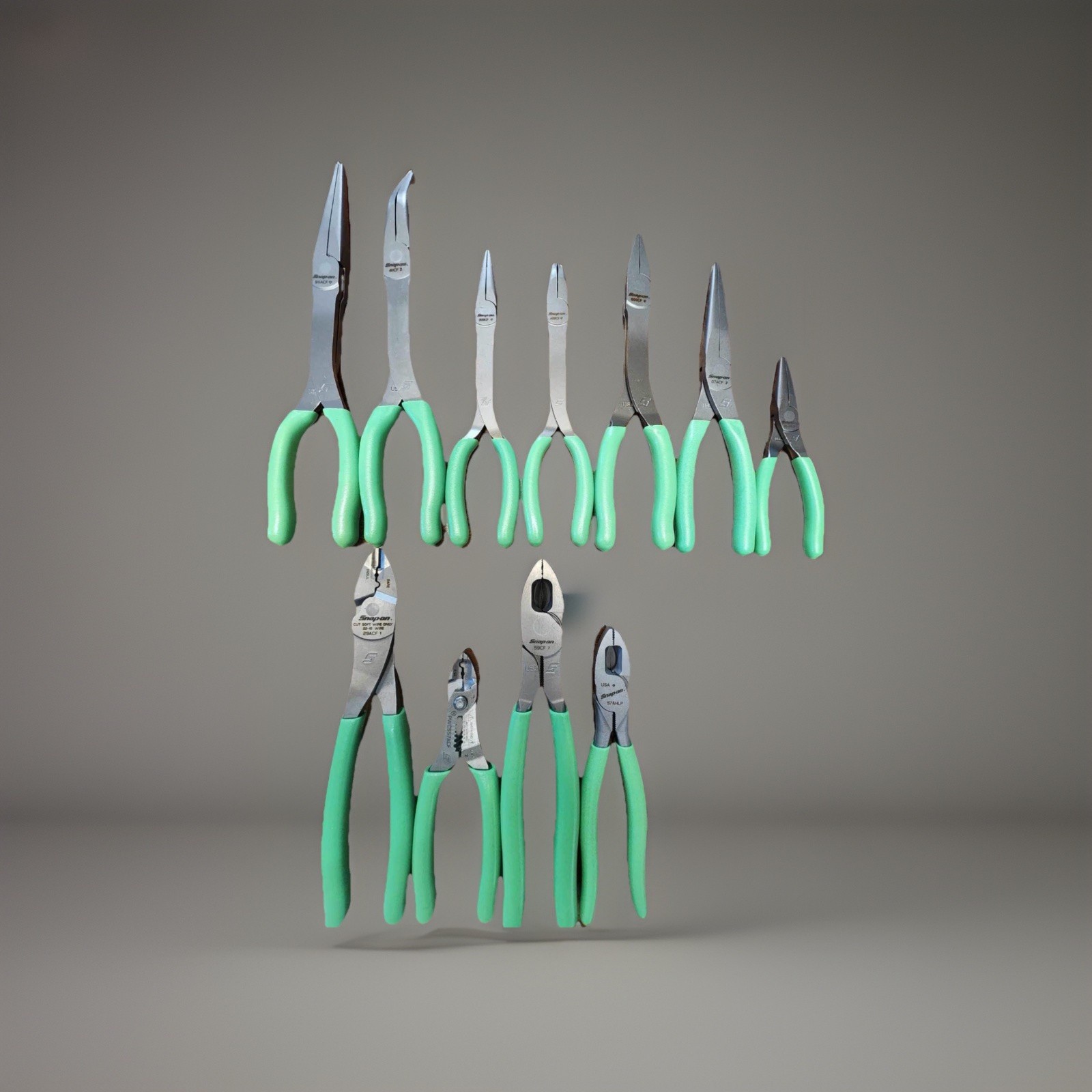 New Snap On 11 pc GREEN Grip Plier Set – NEEDLE NOSE CUTTERS AND LINESMANS