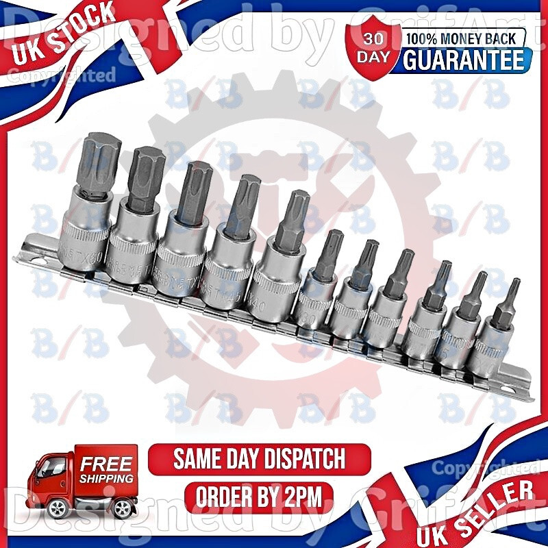 11PC MALE TORX STAR BIT SOCKET SET T10 – T60 1/4″ & 3/8″ DRIVE RAIL HOLDER RACK