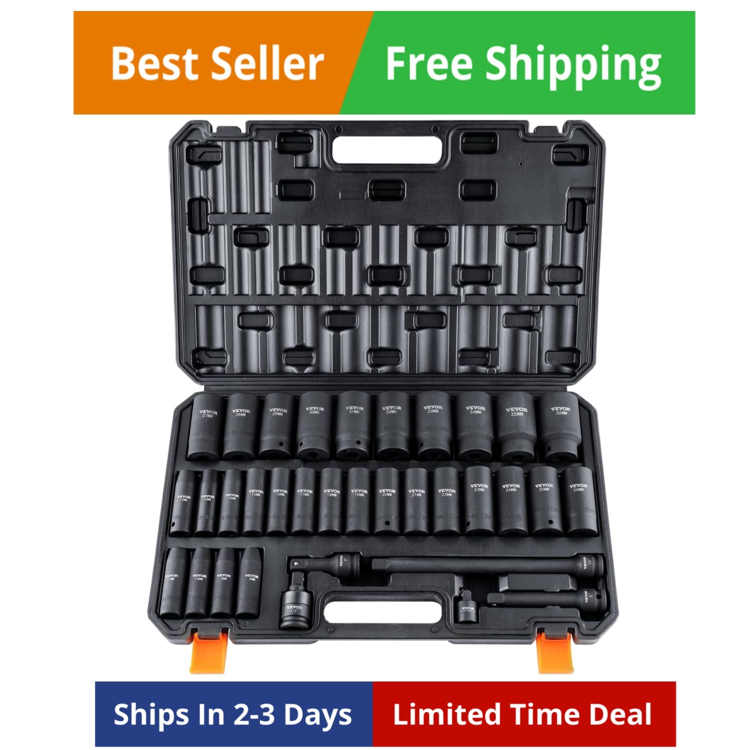 1/2″ Drive Impact Socket Set, 34 Piece Socket Set Metric 8-36mm, 6 Point Cr-M…
