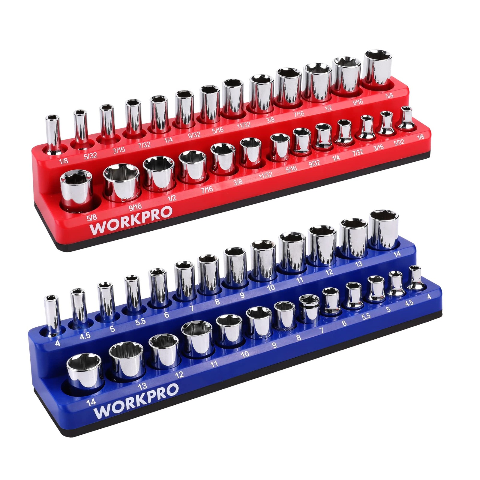 WORKPRO 1/4-inch Magnetic Socket Organizer Set, 2-Piece SAE & 1/4″ SAE&Metric
