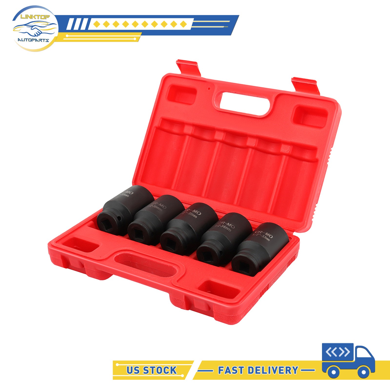 5PC 33MM-34-35-36-38MM 1/2» DRIVE 6 POINT DEEP SPINDLE AXLE NUT SOCKET SET TOOL