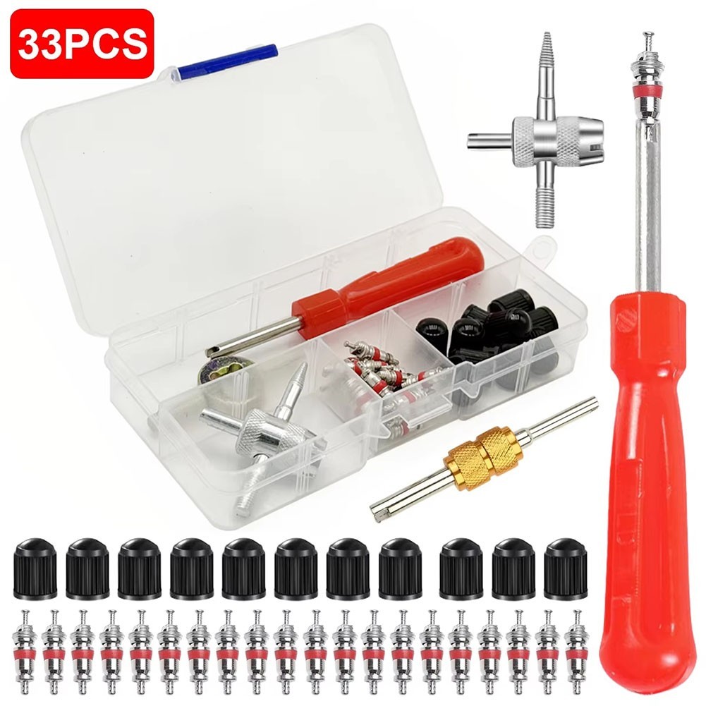 33 Piece Tire Valve Stem Core Remover Tool Kit with Steel Construction