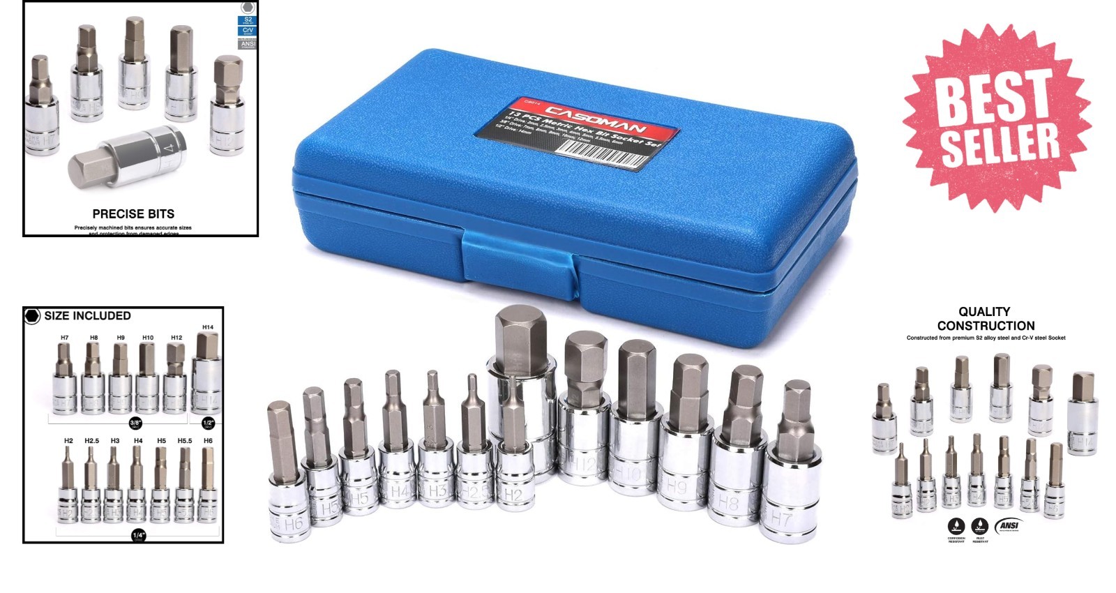 Heavy-Duty 13-Piece Hex Bit Socket Kit – Metric S2 Steel & Mirror Chrome Finish