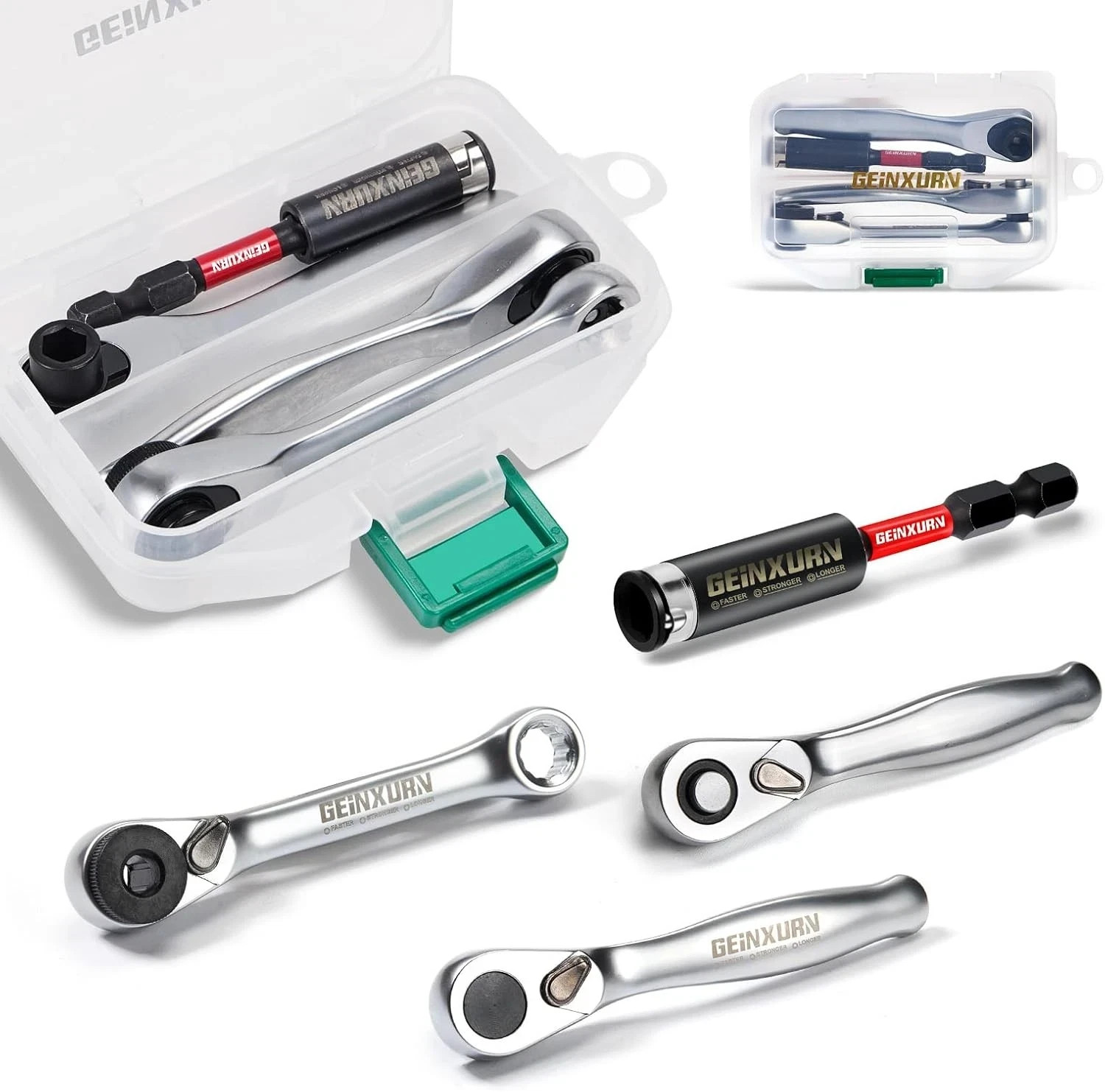 GEINXURN Mini Ratchet Wrench& Bit Holder Set 4 Pcs, 1/4″ Drive Ratchet…