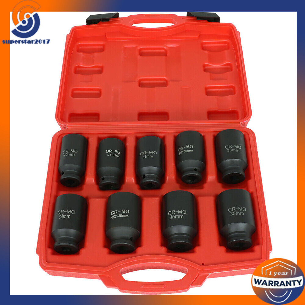 9Pcs Deep Impact Socket Set 1/2″Drive Metric Axle Hub Nut Socket 29-38mm 6-Point