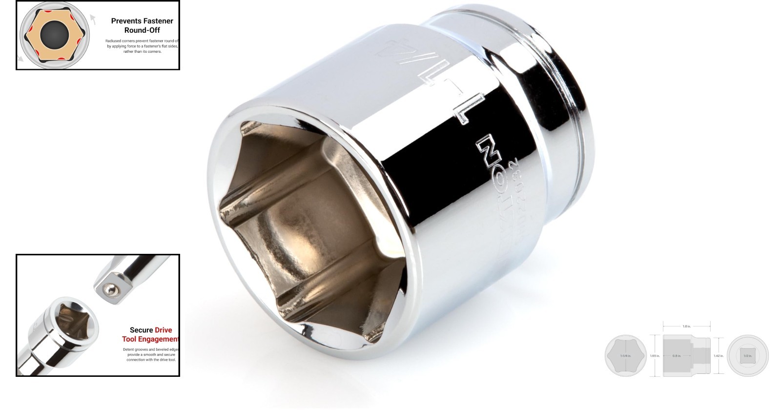 1/2 Inch Drive x 1-1/4 Inch Shallow 6-Point Socket – Alloy Steel & Chrome Finish