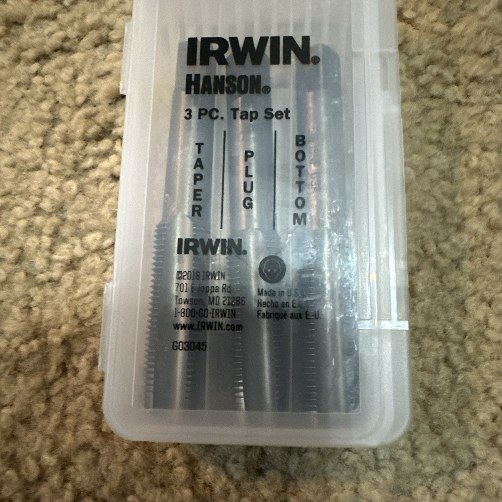 5/8-18 NF Tap Set Irwin 2654 ZR Carbon Steel 3pc Taper Plug Bottom Made In USA