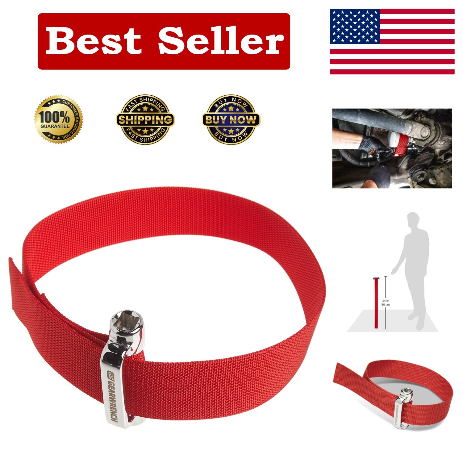Versatile Heavy-Duty Oil Filter Strap Wrench – Red Nylon, 3/8″ & 1/2″ Drive